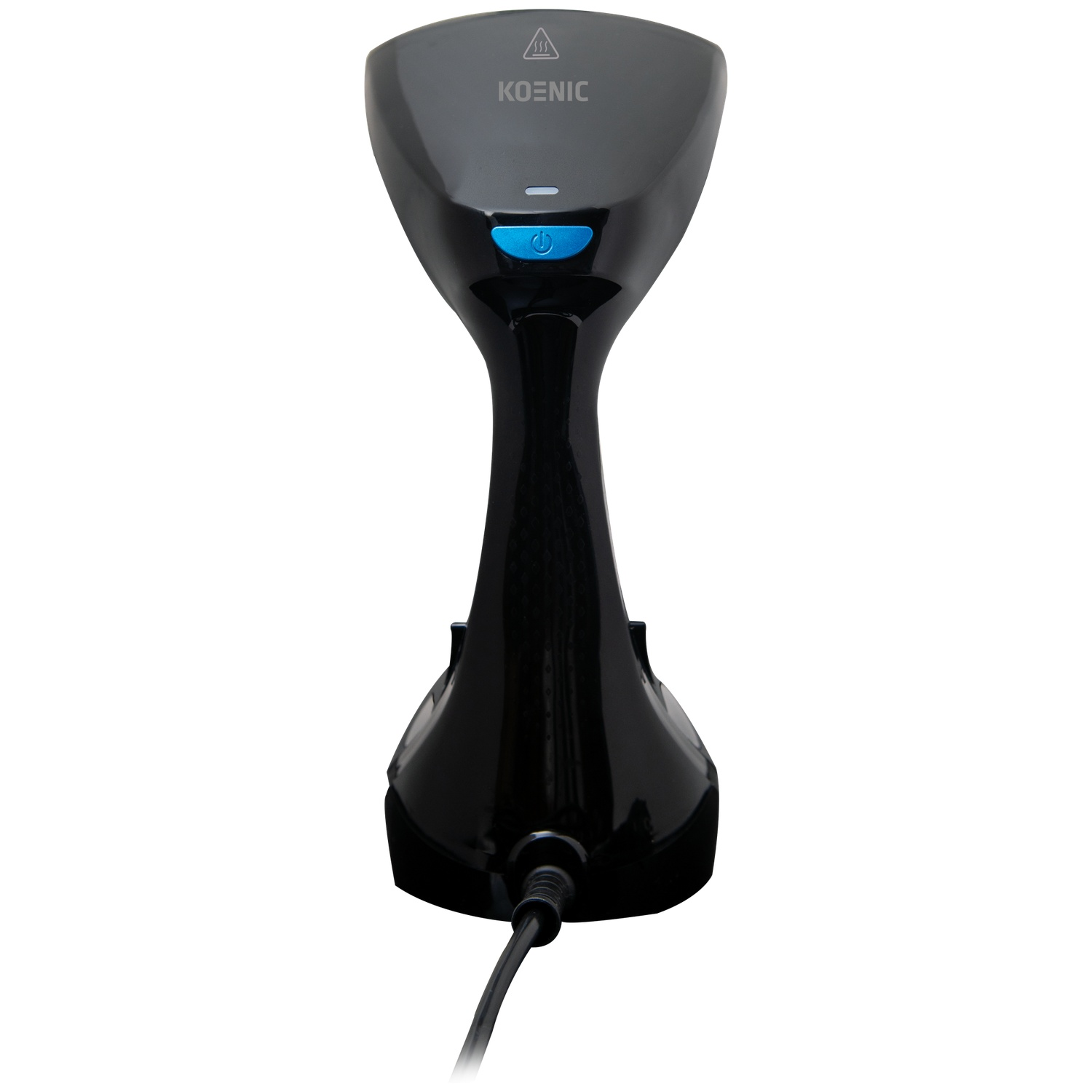 Un défroisseur vapeur noir portable avec bouton bleu et cordon.