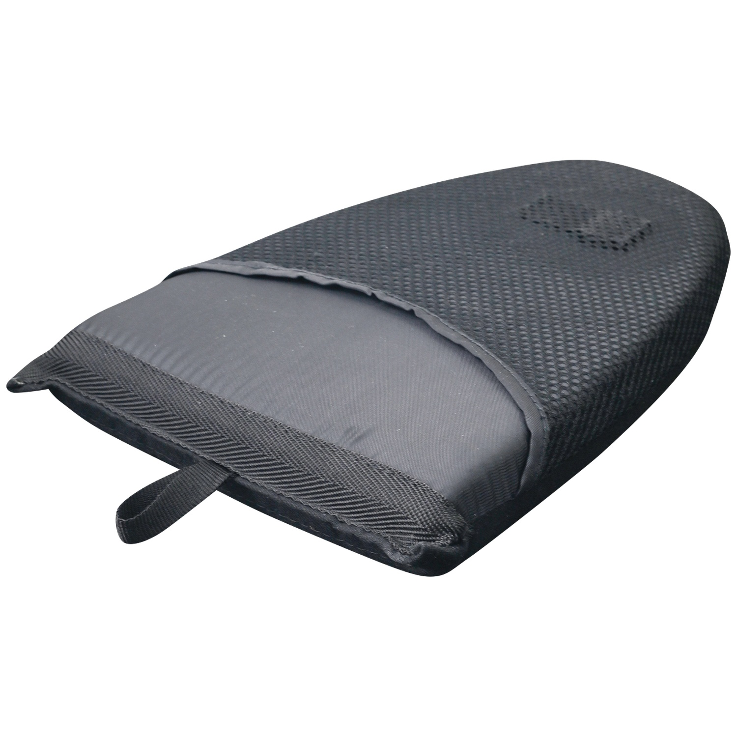 Une planche à repasser noire portable avec une boucle et une surface en maille.