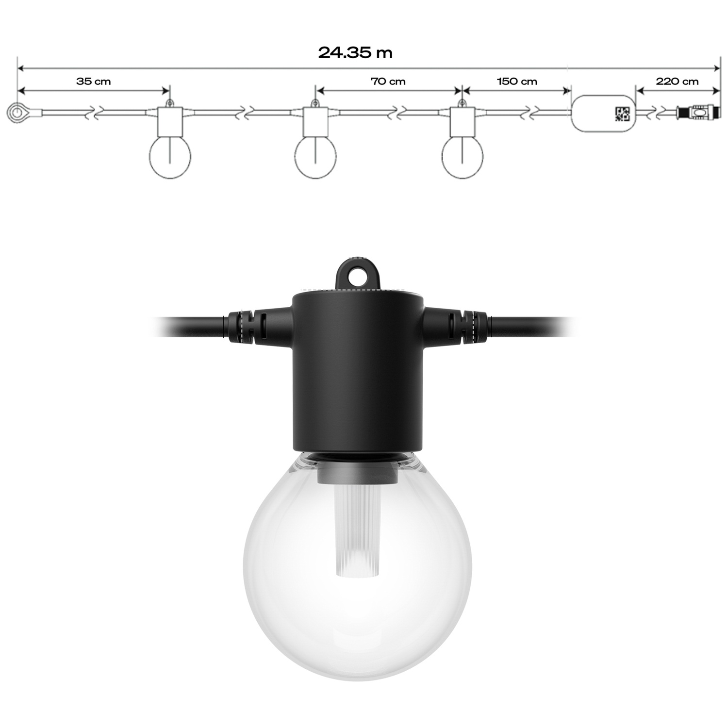 A string light with bulbs, dimensions, and connector. Black canopy, clear glass bulb.