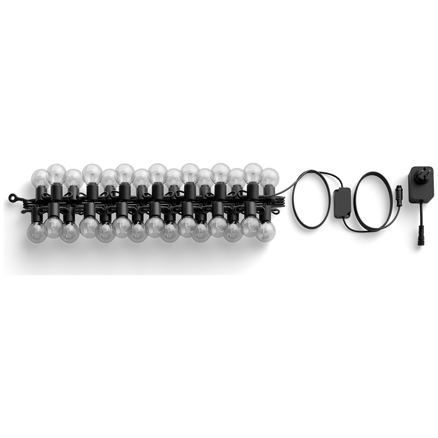 String lights with 24 bulbs, black wire, plug, and controller.