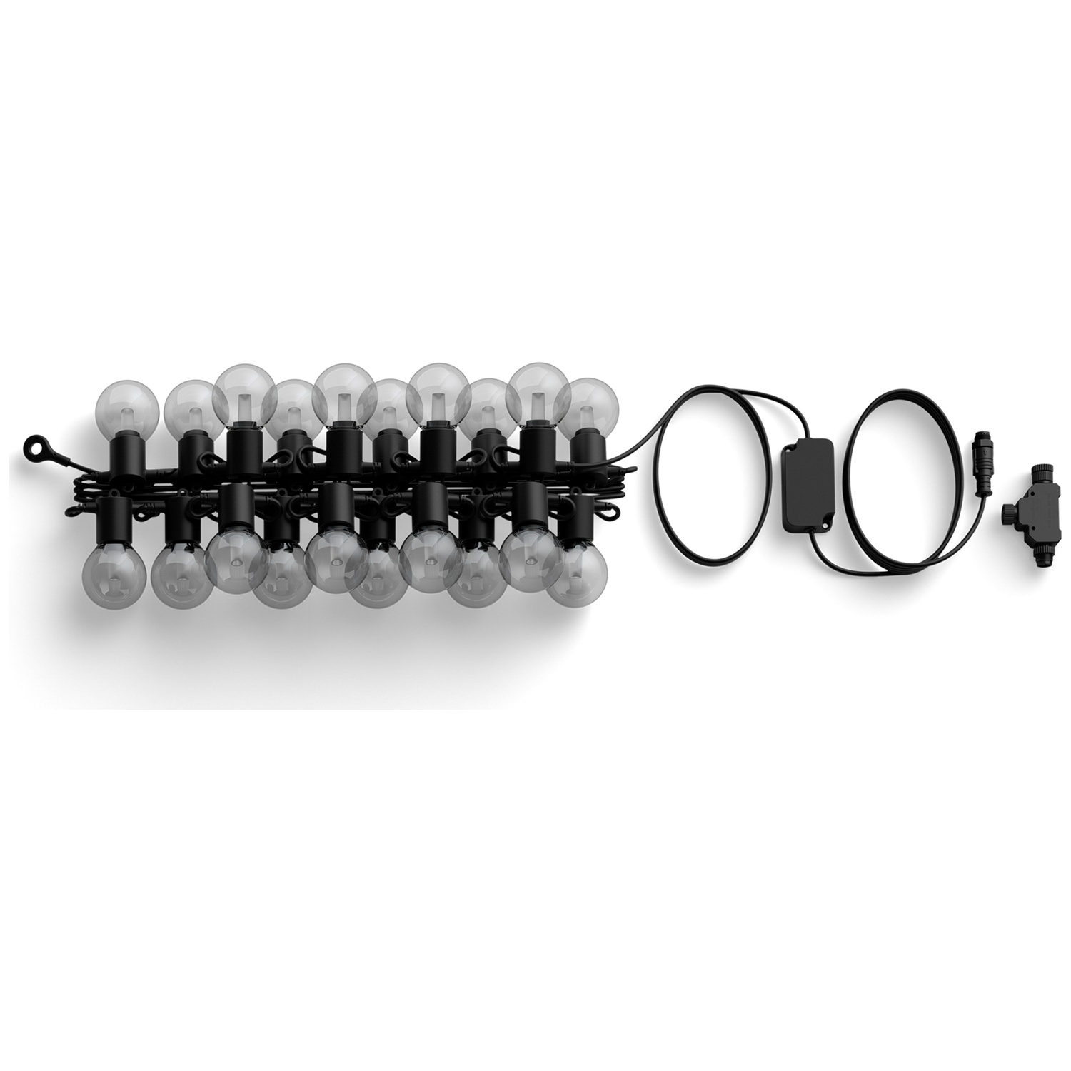 A string of 20 light bulbs with black wire and connectors.