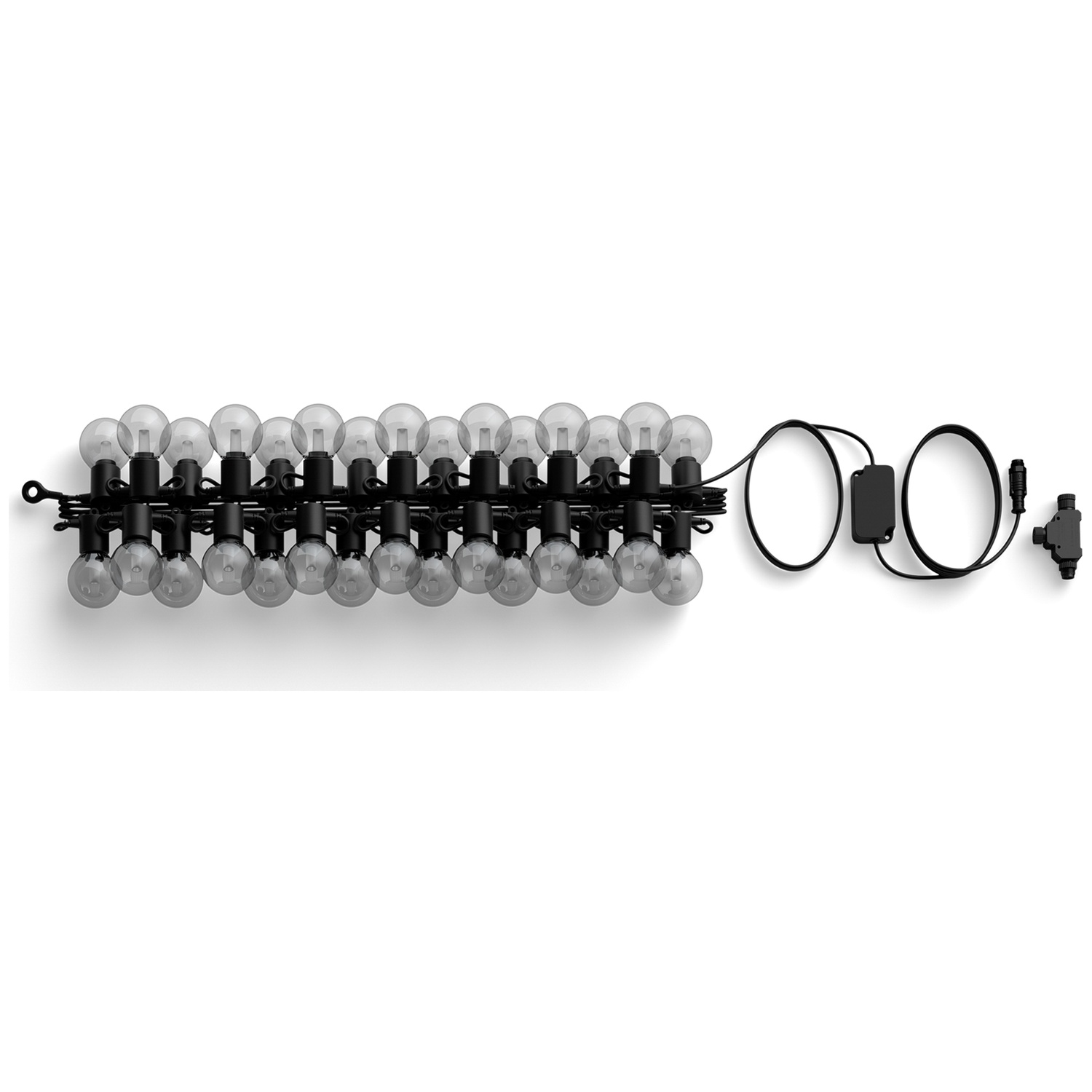 A string of 20 bulbs on a black cord with a plug.