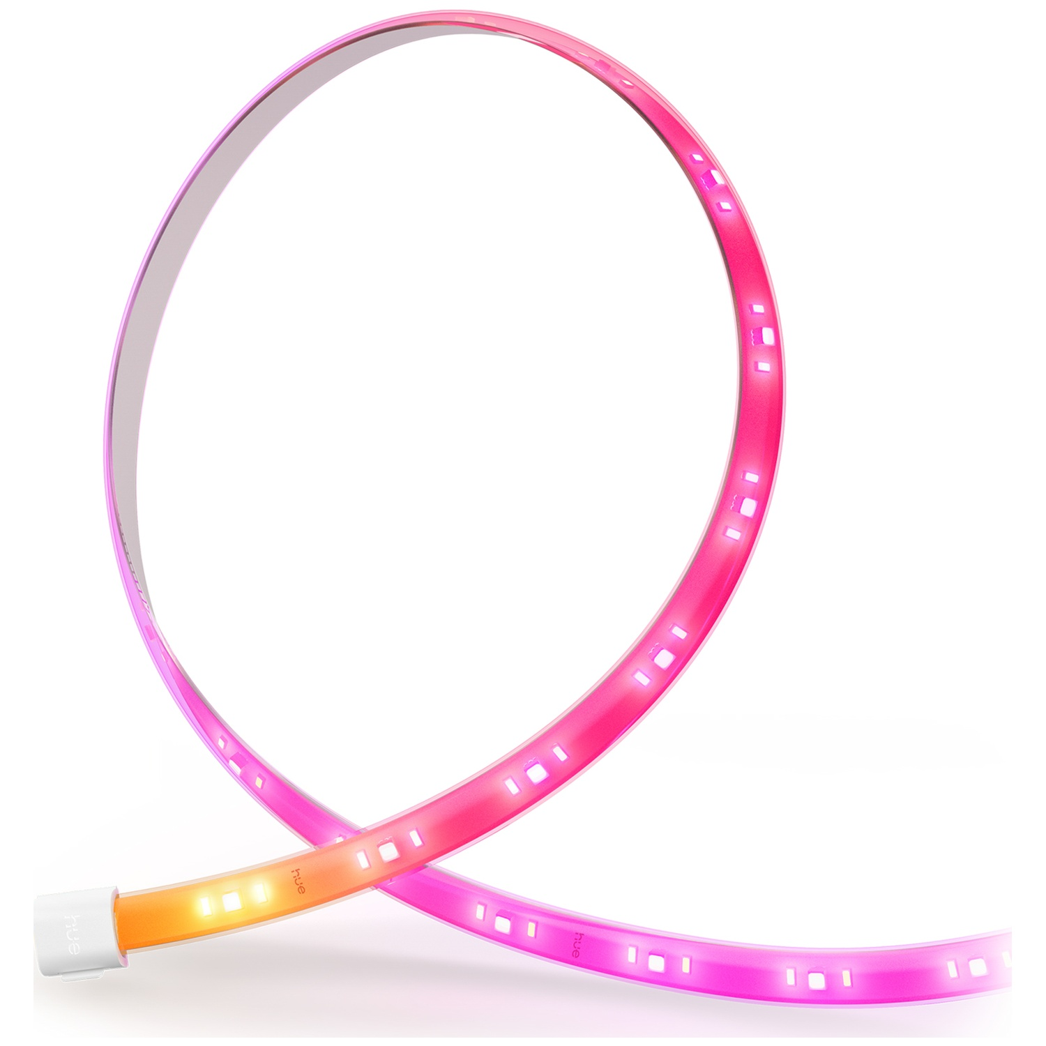 Een gebogen LED-lichtstrip met roze en oranje tinten op een witte achtergrond.