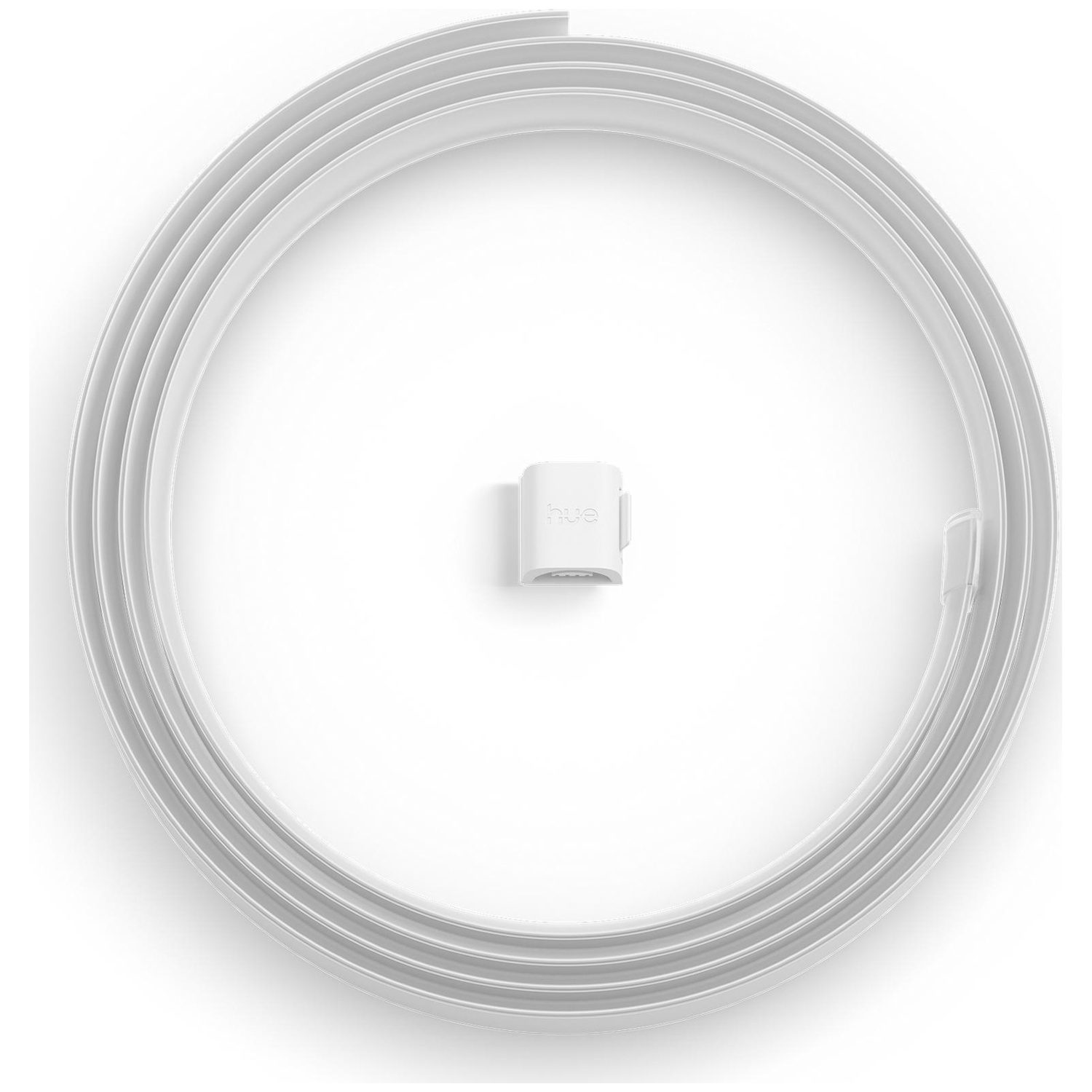 Een witte lichtstrip is cirkelvormig opgerold, met een kleine witte connector in het midden.