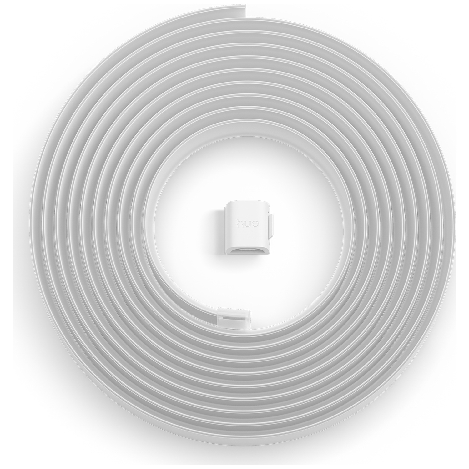Een witte LED-lichtstrip, opgerold, met een kleine witte connector.