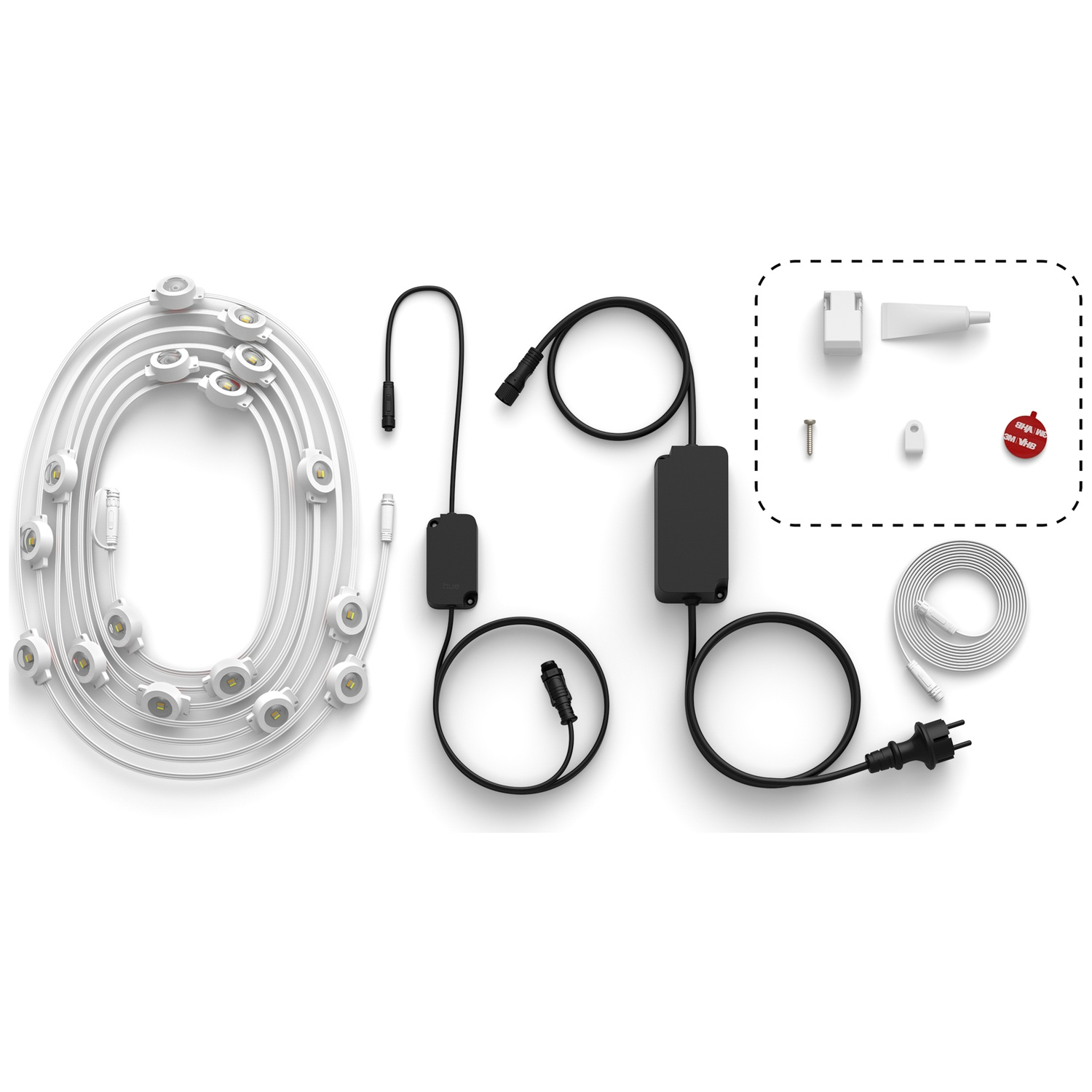 Witte LED-lichtstrip met accessoires, inclusief kabels, stroomadapter en bevestigingsmateriaal.