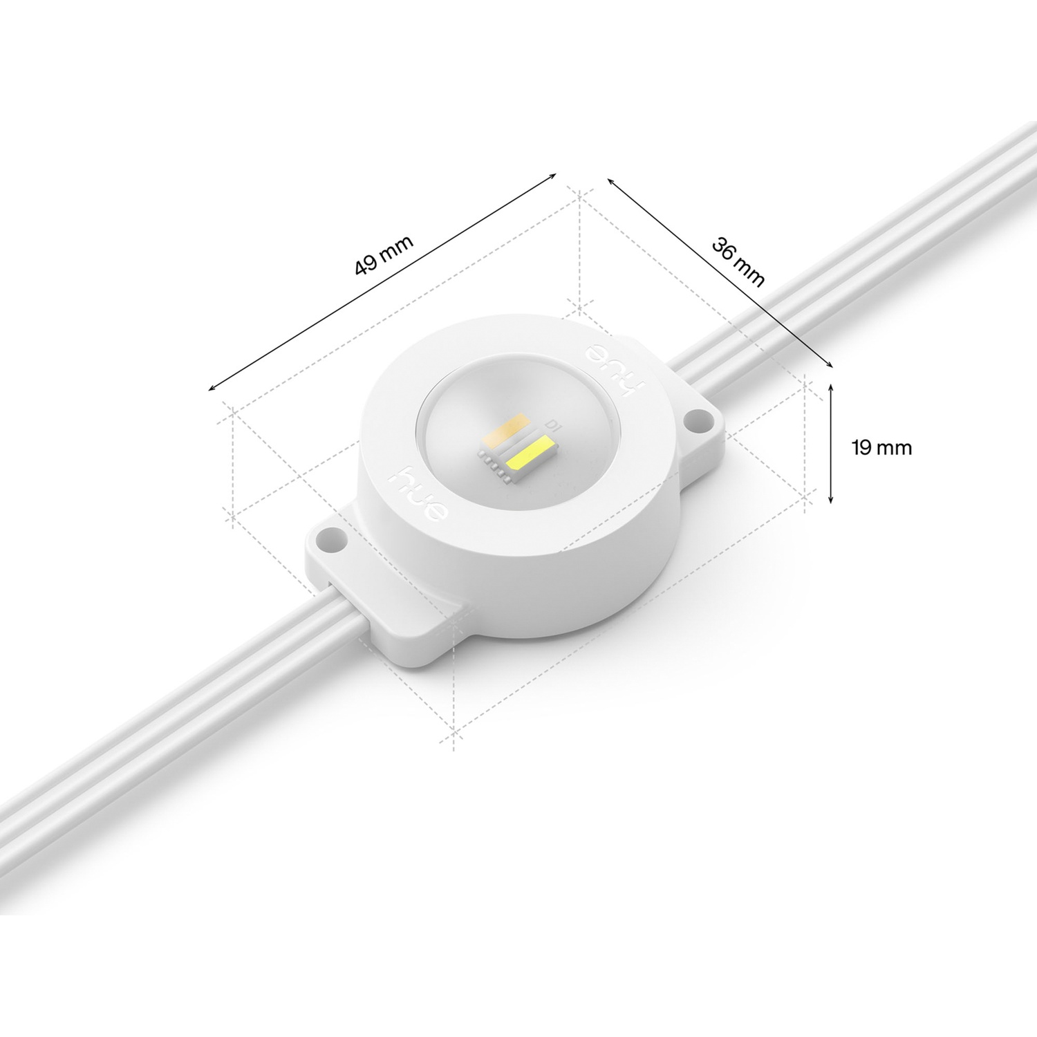 Een witte LED-pixel met Hue-logo, afmetingen 49x36x19mm.