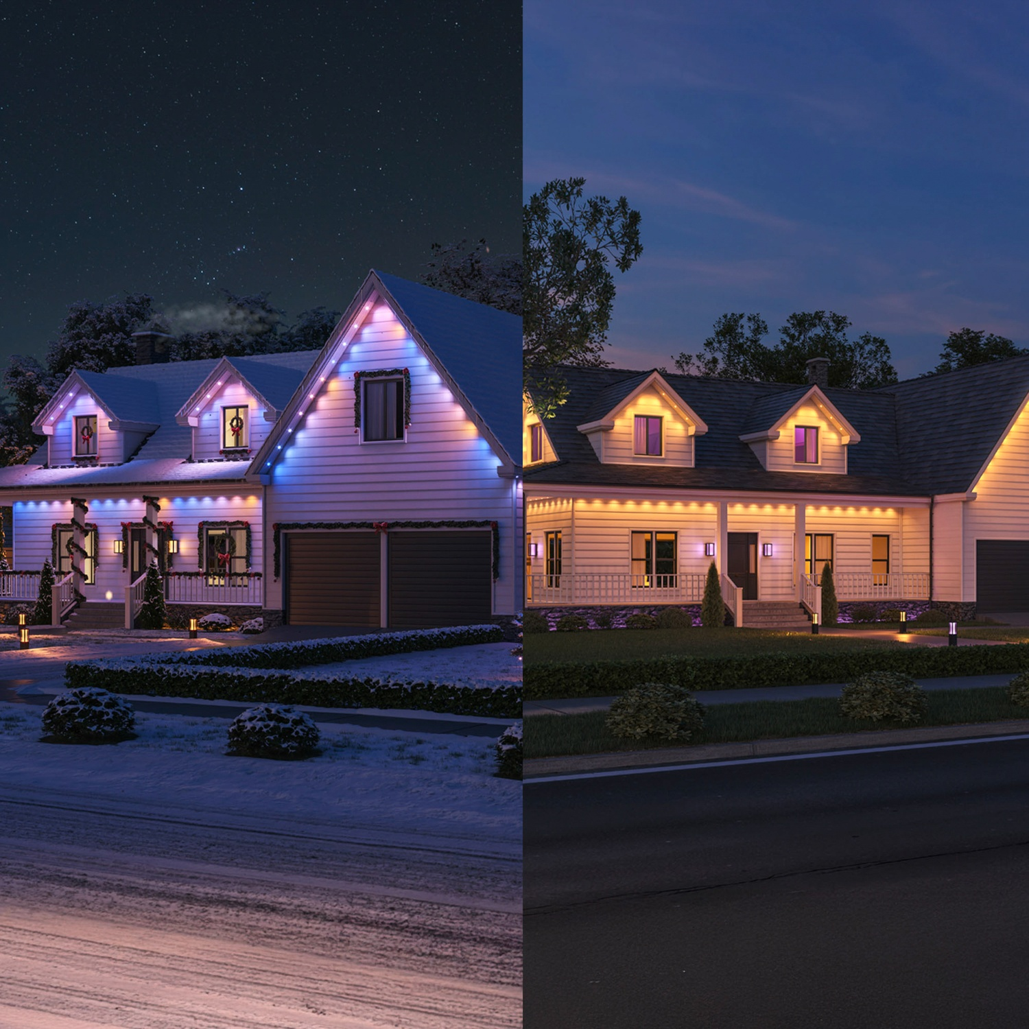 House with string lights at day and night, snow on left, clear on right.