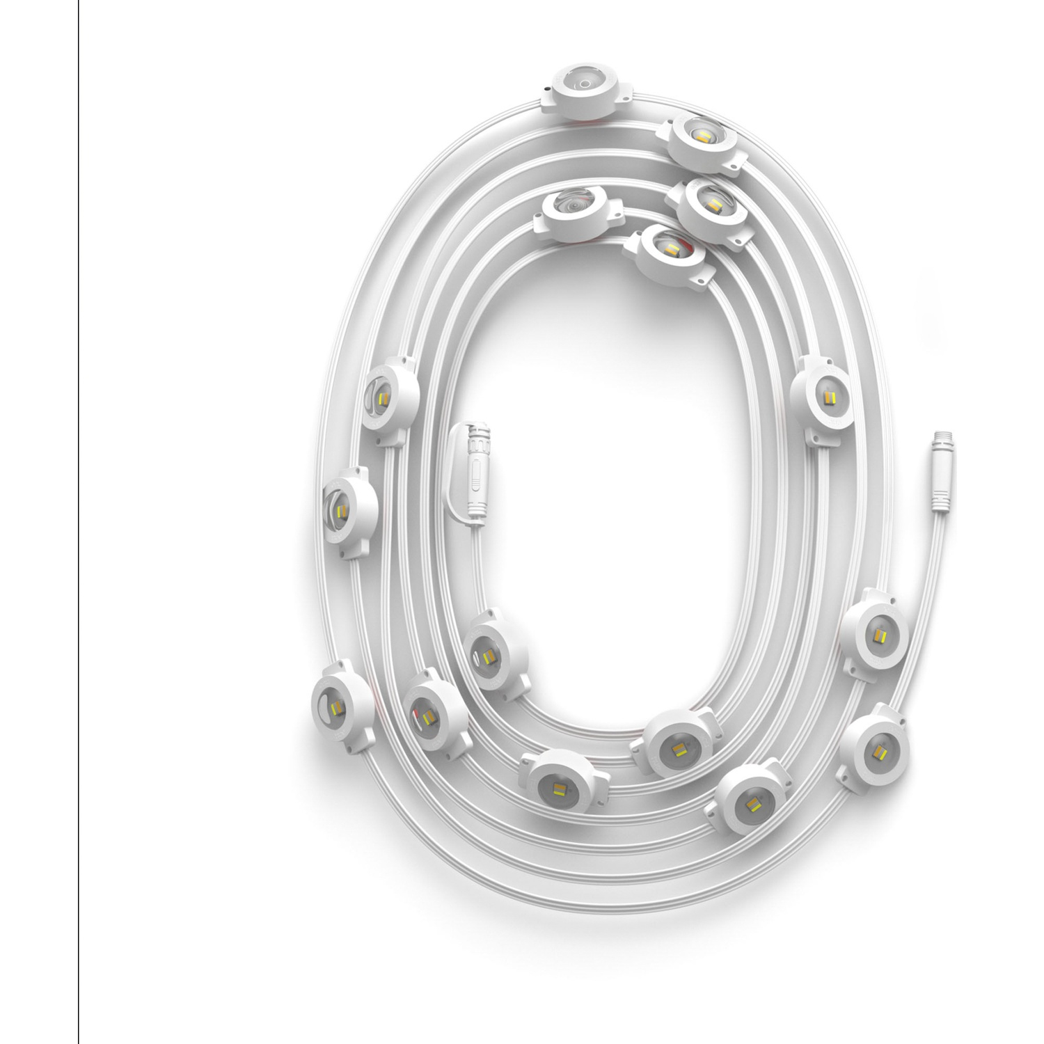 A white string of lights with multiple LEDs, coiled in a loop.