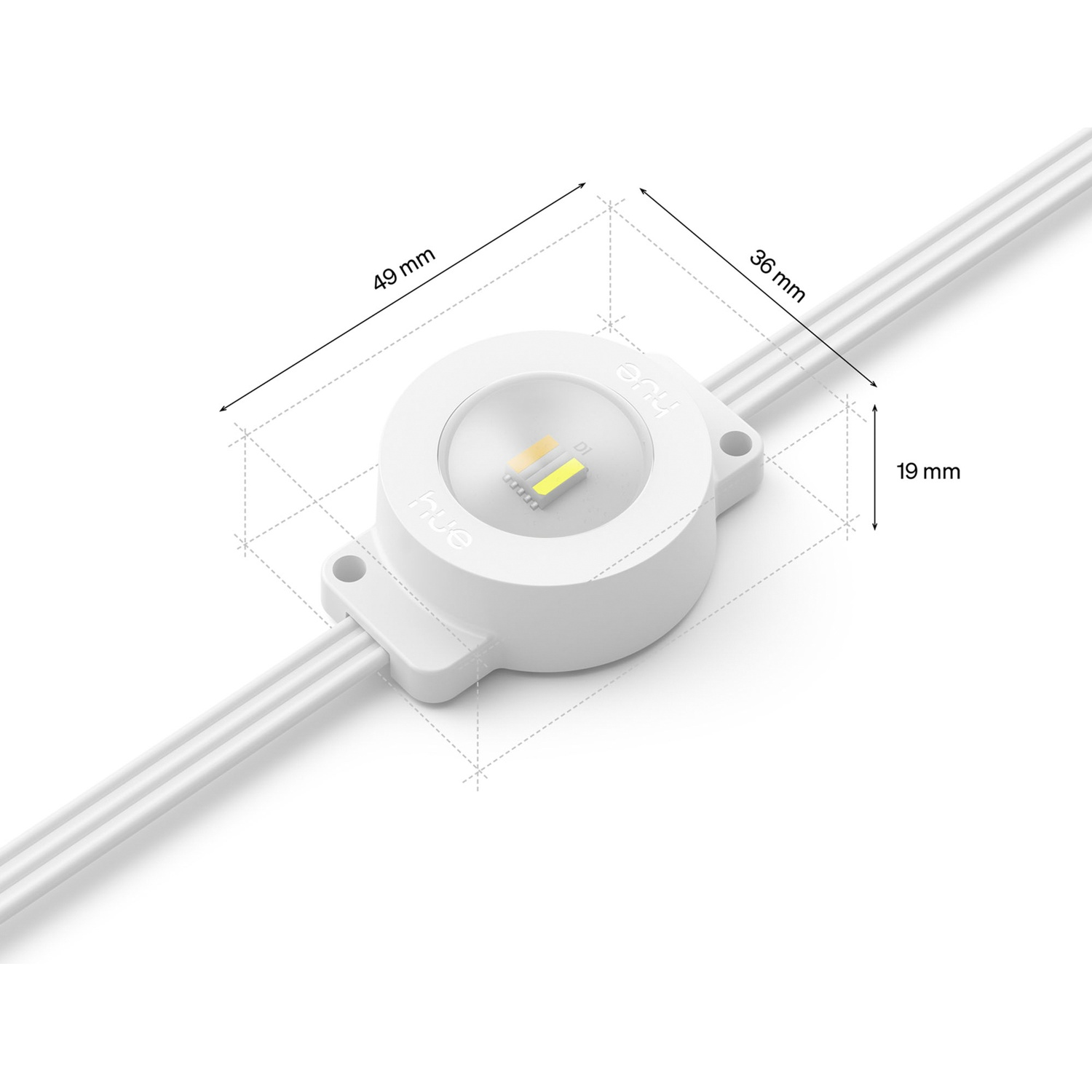 A white LED light with dimensions attached to a white cable.
