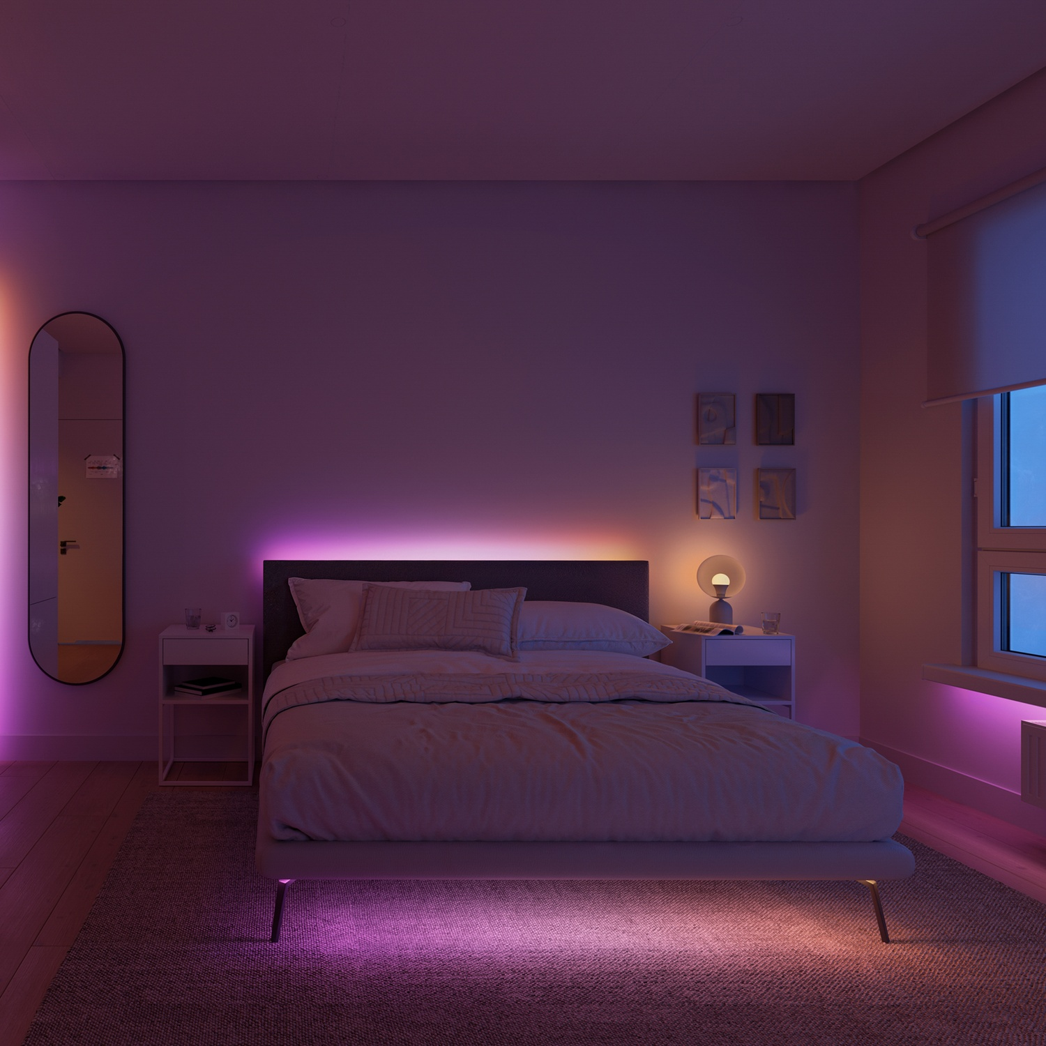 Een slaapkamer met een bed verlicht door roze verlichting.