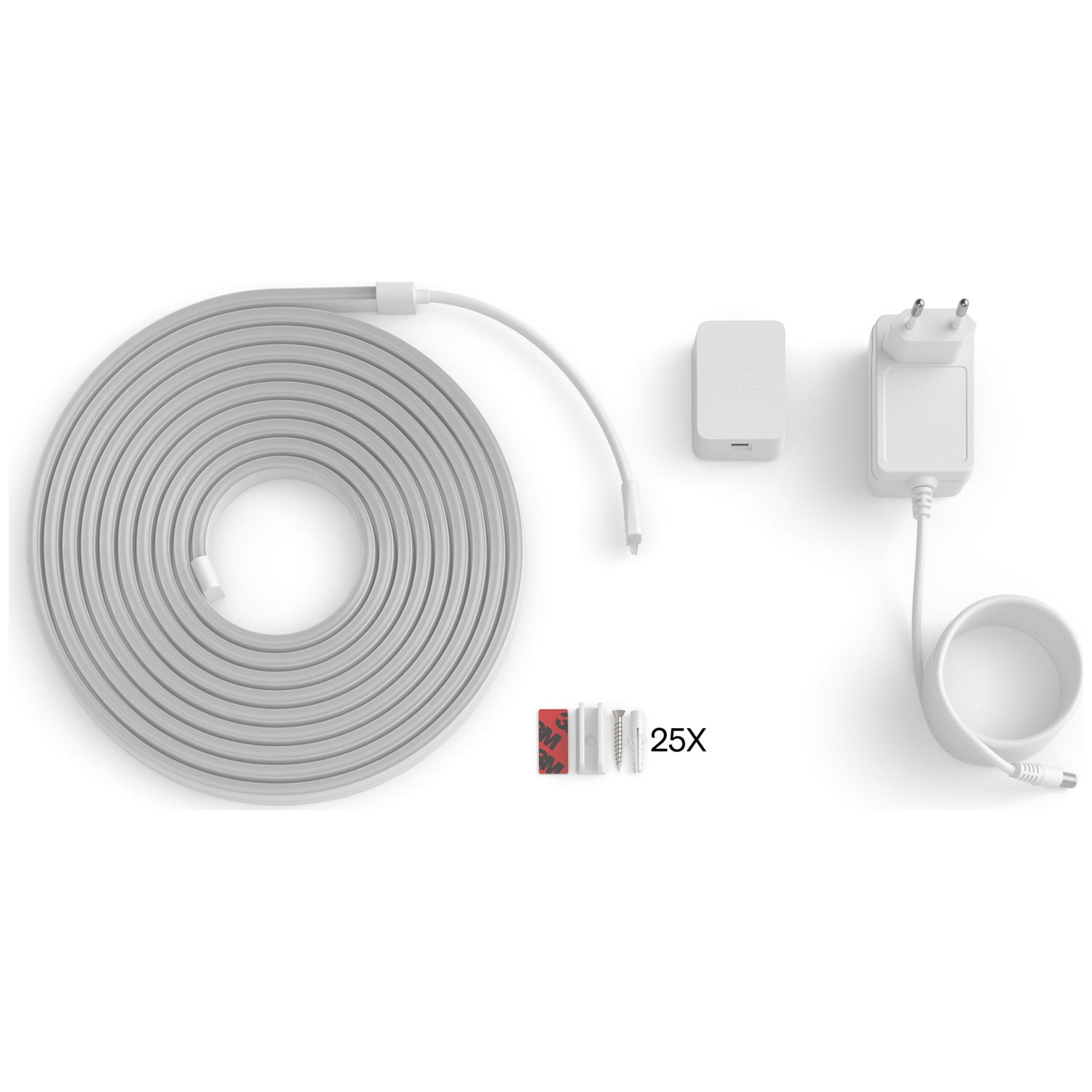 A white LED light strip with power adapter, hub, and mounting hardware.