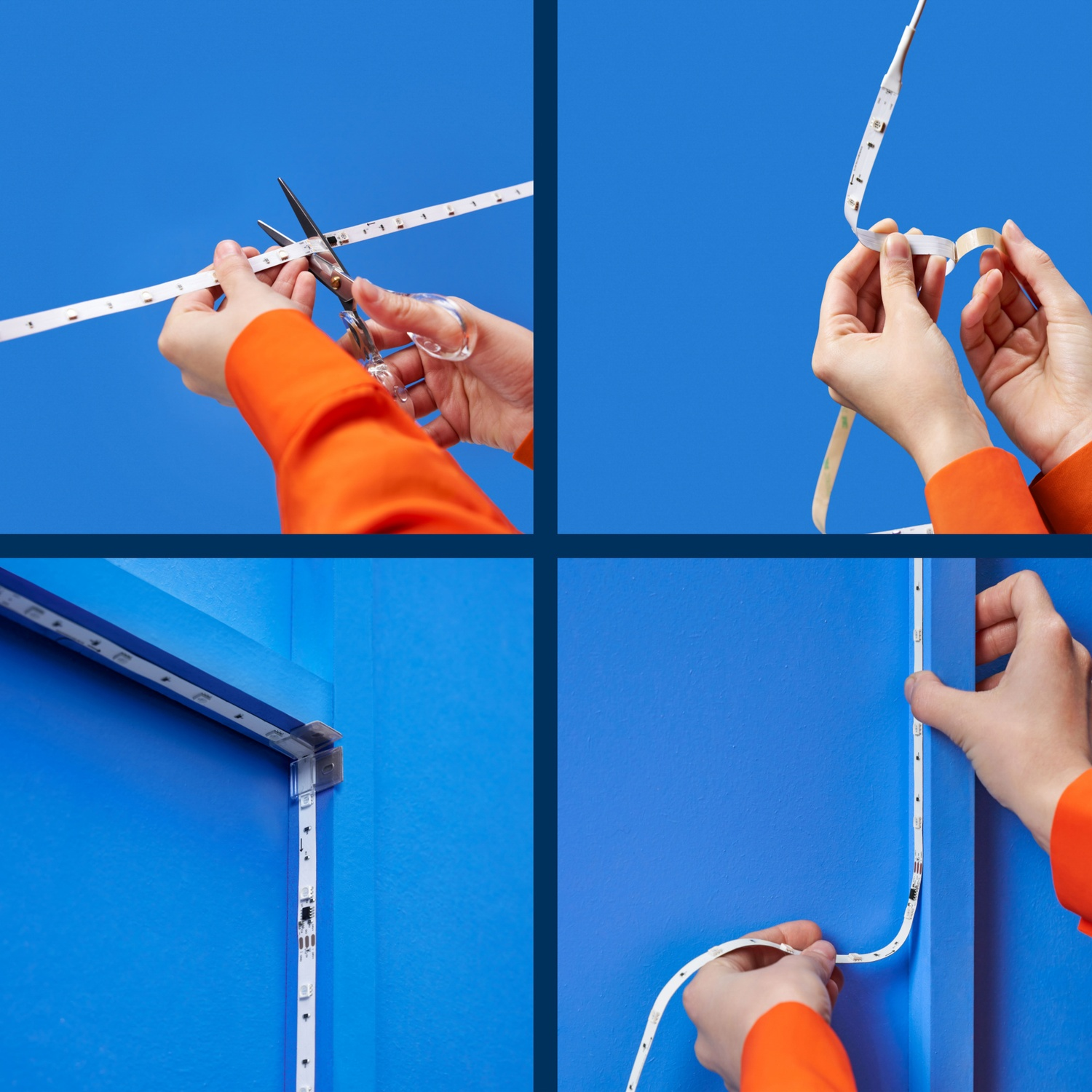 Persoon knipt LEDstrip met schaar, bevestigt deze aan muur en hoek.