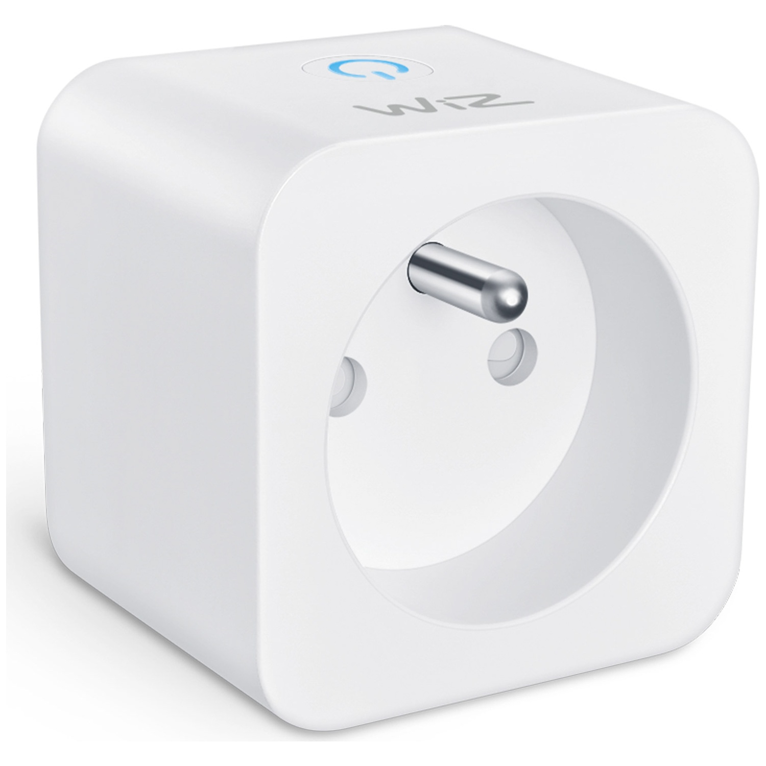 A white Wiz smart plug with a blue power symbol on top.