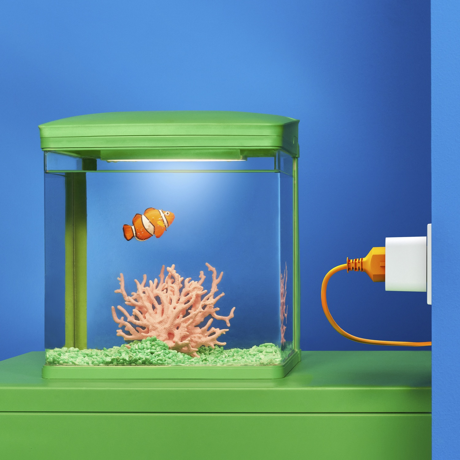 A clownfish swims in a green aquarium with coral and gravel.