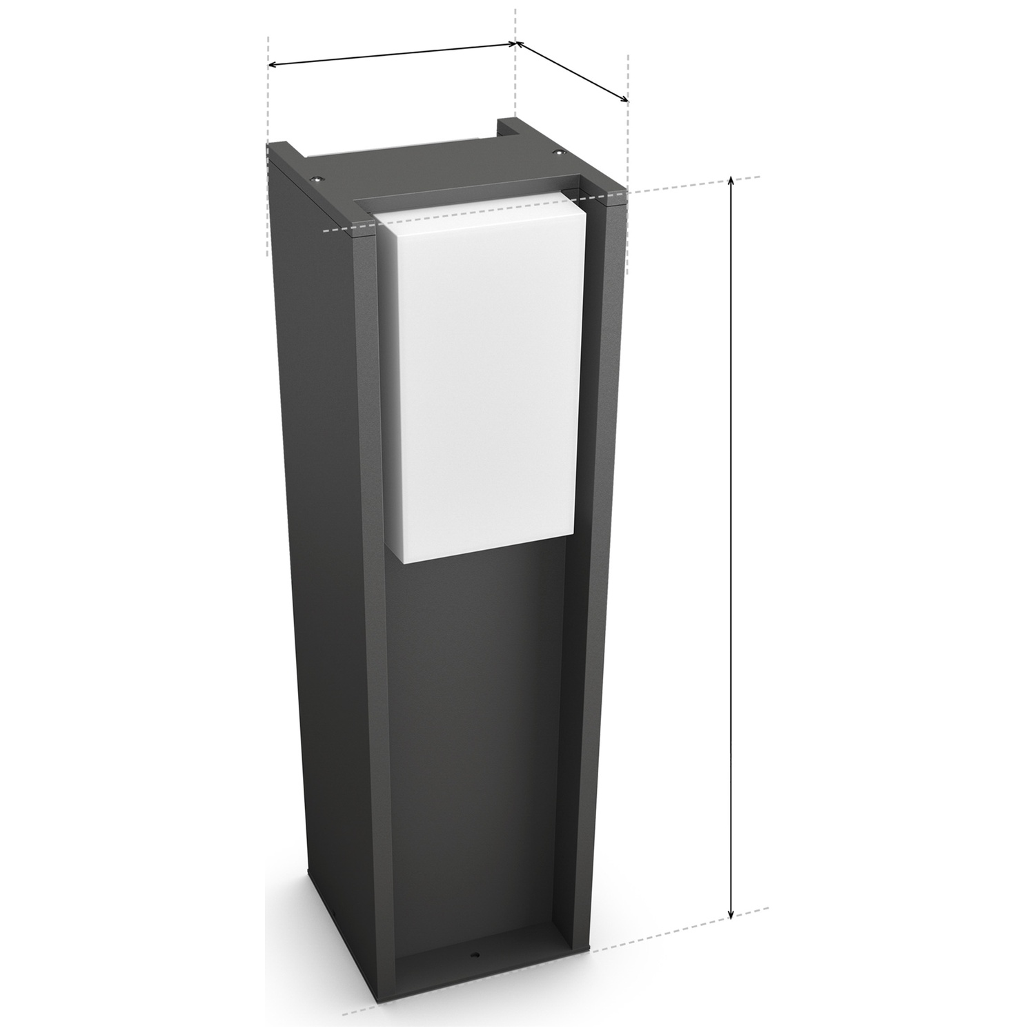 A dark, rectangular outdoor light fixture with white inserts and dimensions.