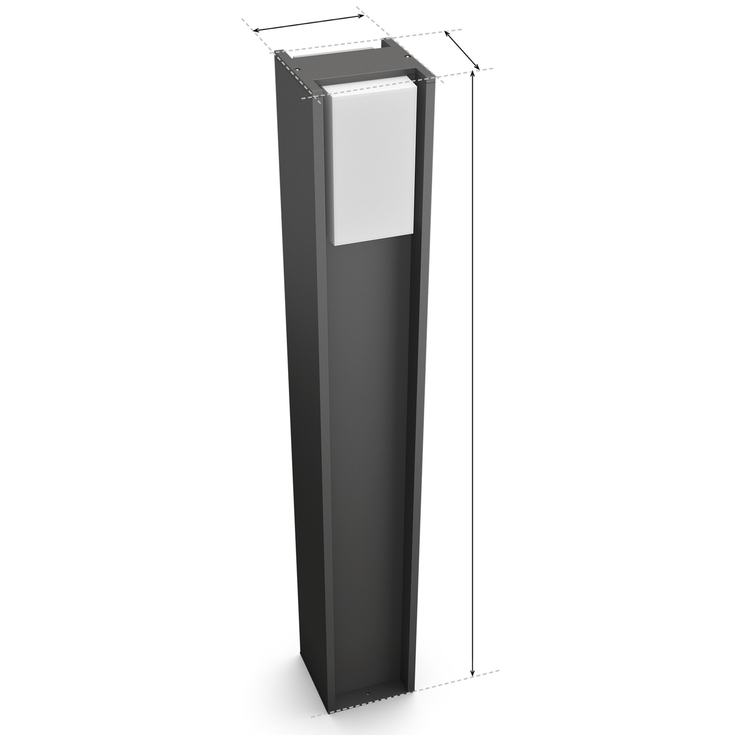 A dark, rectangular lantern post with a white light element.