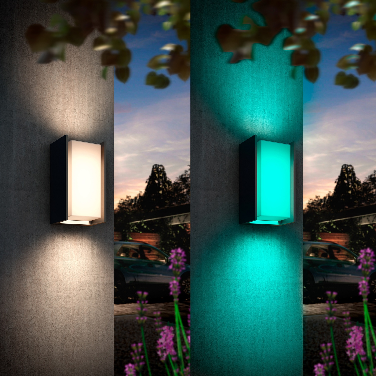 Outdoor wall light: left white, right teal. Garden, car, flowers.