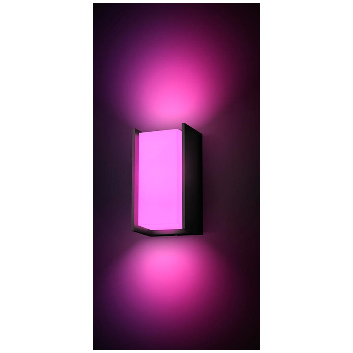 A black wall sconce with a rectangular glass body emitting pink light.
