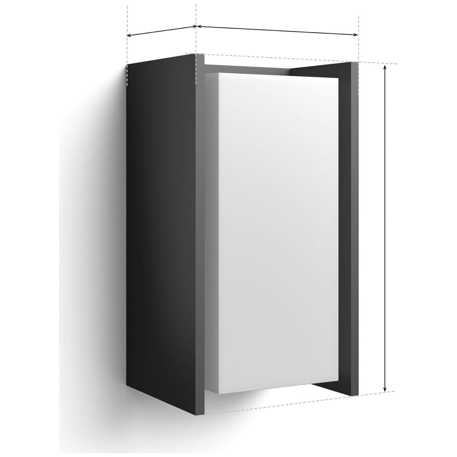 A black frame with white inner surfaces, dimensions are indicated.