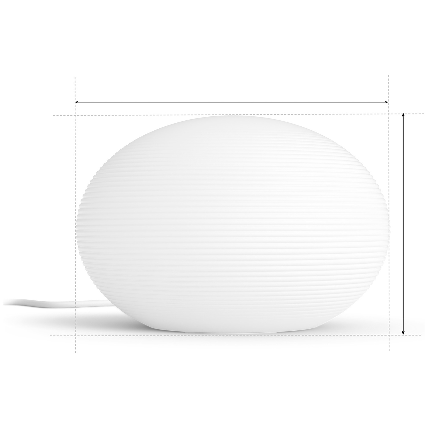 Une lampe sphérique blanche avec des rainures horizontales et un cordon.