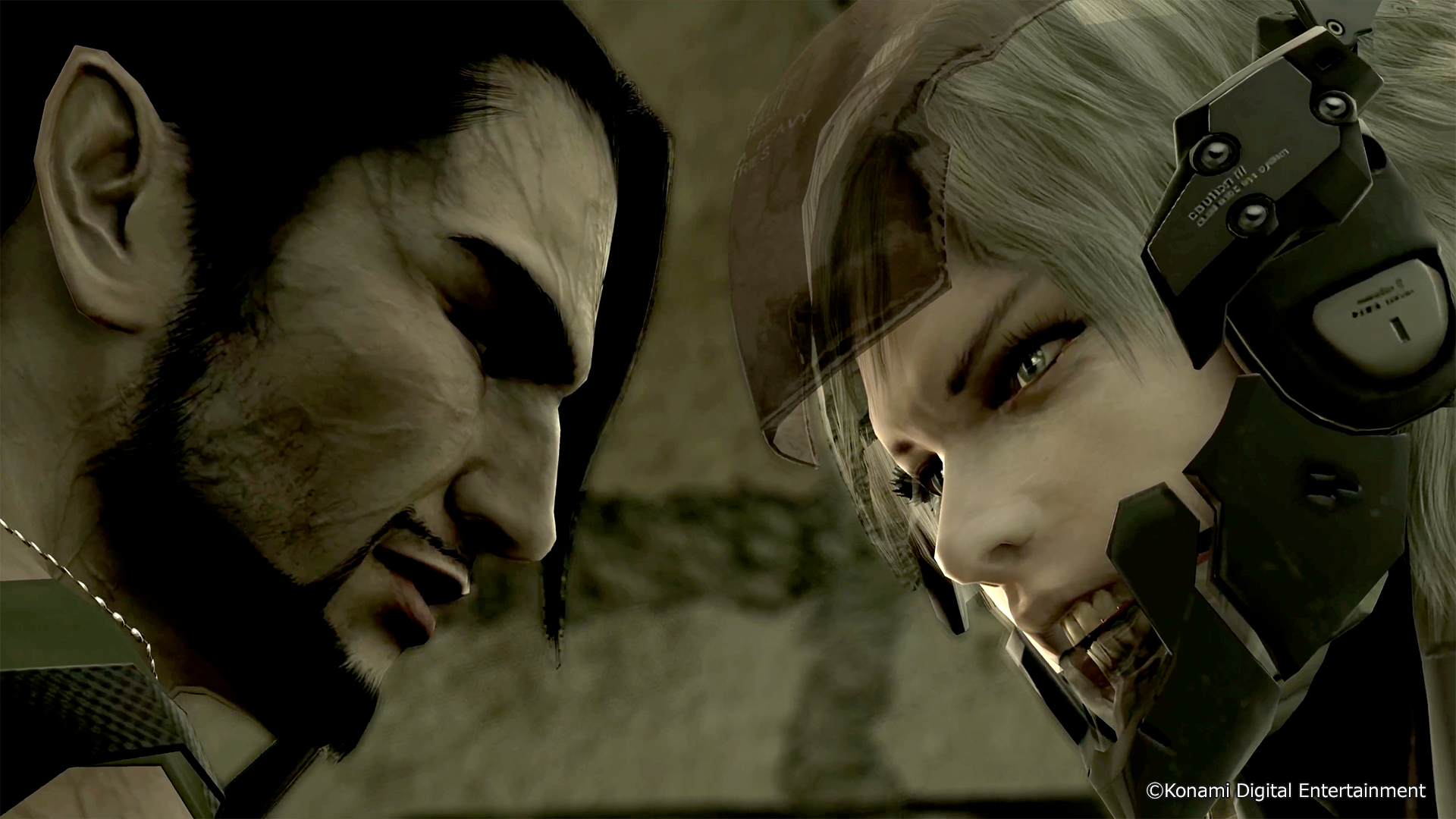 Zbliżenie dwóch postaci stojących naprzeciw siebie. Jedna ma ciemne włosy, druga nosi hełm.