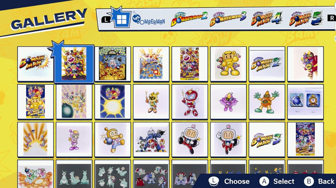 Galeriebildschirm mit vielen Bomberman-Spielkunst. Die oberste Reihe zeigt Spieletitel.
