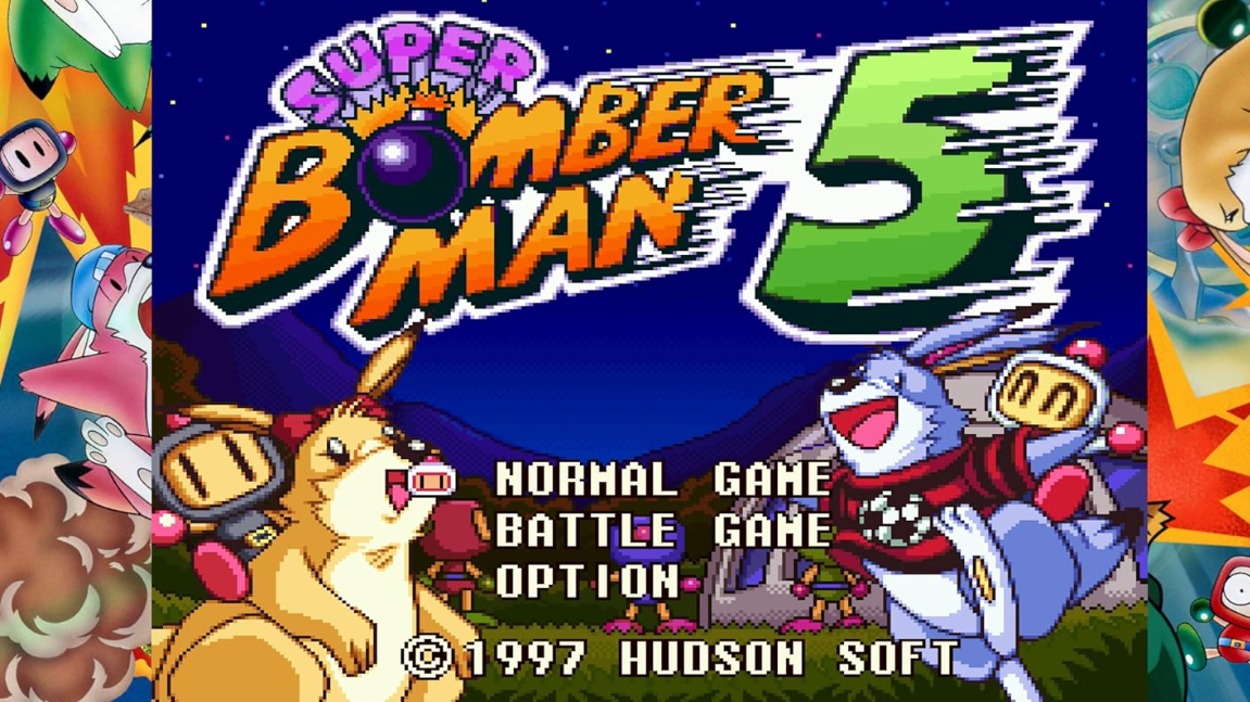 Super Bomberman 5 Titelbildschirm mit Charakteren, Spielmenü und "1997 Hudson Soft".