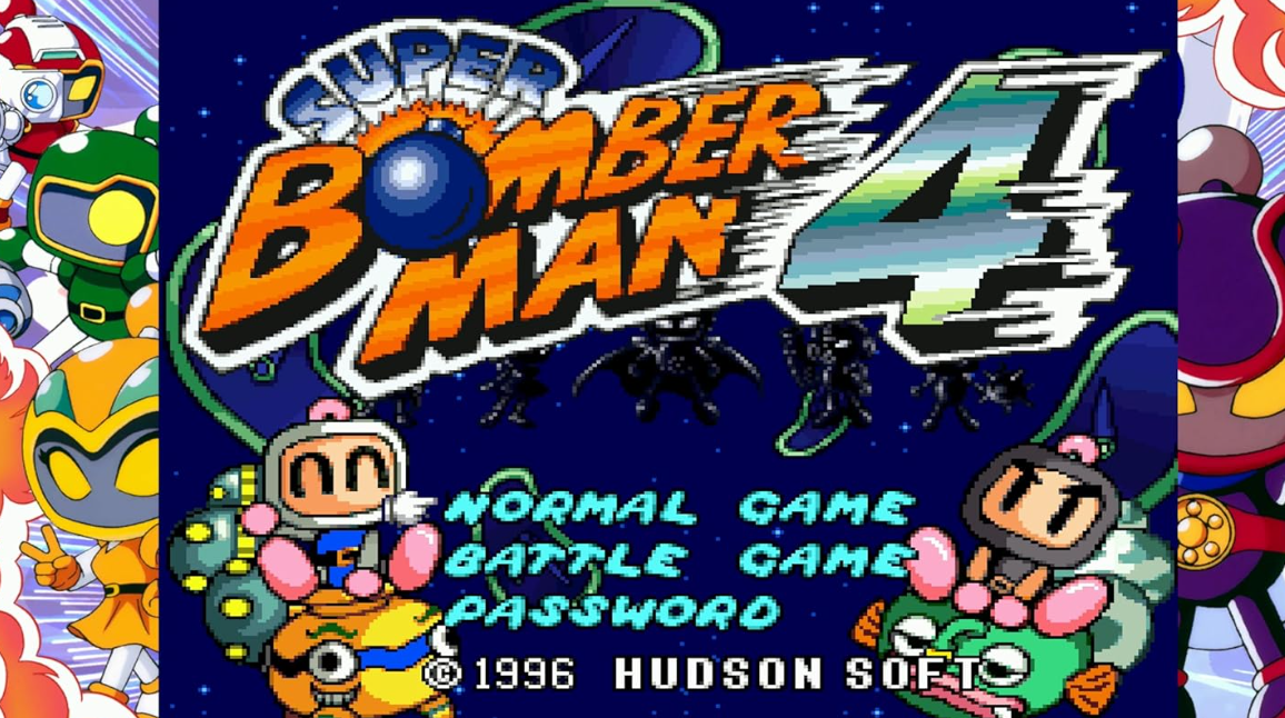 Super Bomberman 4 Spielmenü mit Charakteren und Optionen.