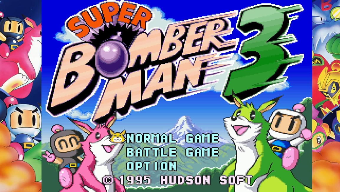 Super Bomberman 3 Titelbildschirm mit Charakteren und Menüoptionen.