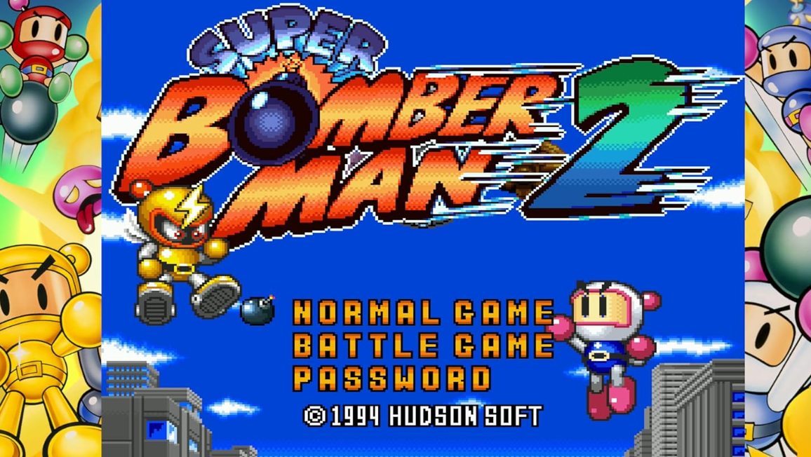 Super Bomberman 2 Titelbildschirm mit Menüoptionen und Charakteren.