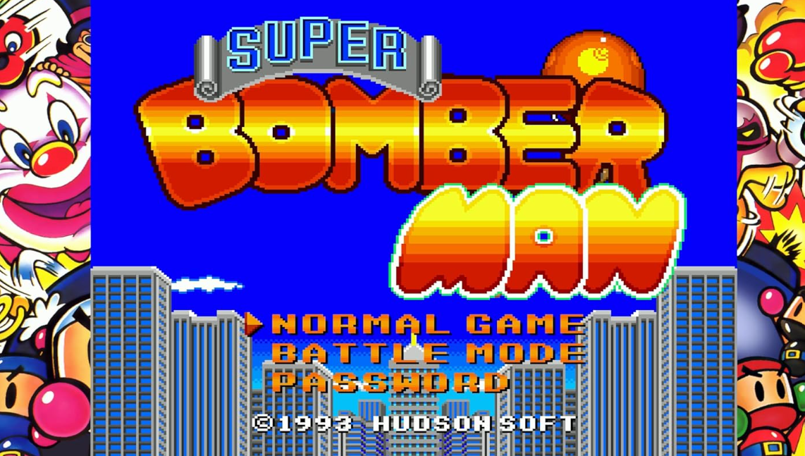 Super Bomberman Spieltitel mit Clowns und Städten.