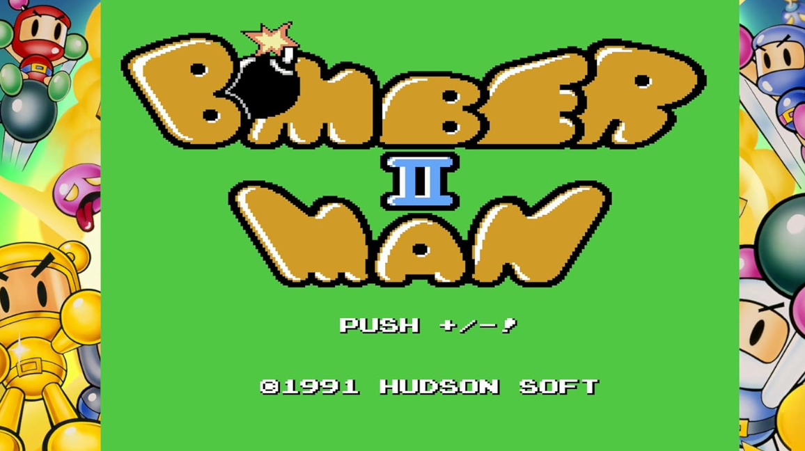 Bomber Man II Spieltitel mit Charakteren an den Seiten auf grünem Hintergrund.