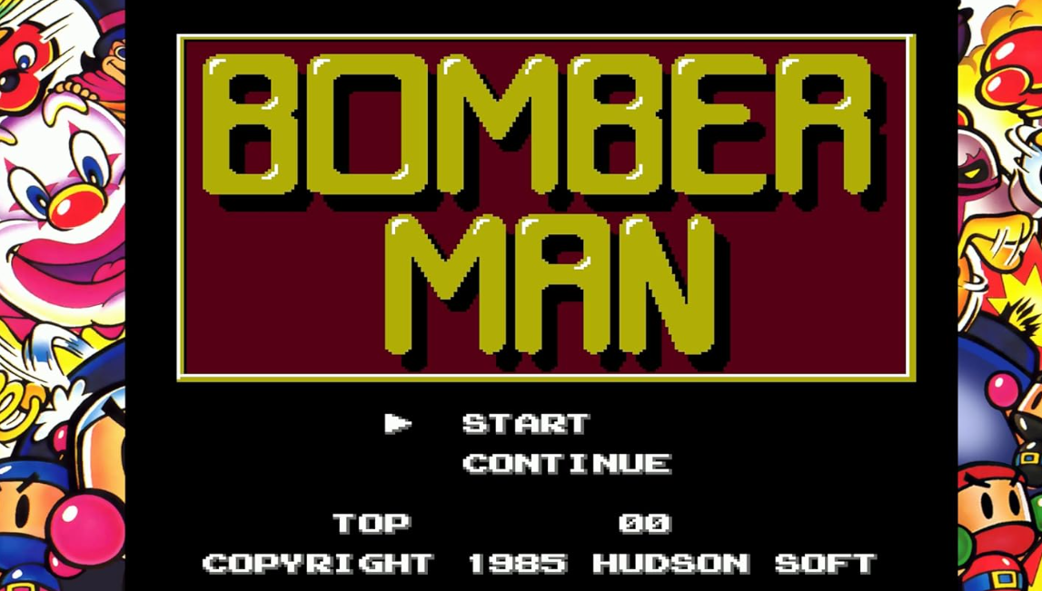 Bomber Man Titelbildschirm mit Start- und Fortsetzungsoptionen.