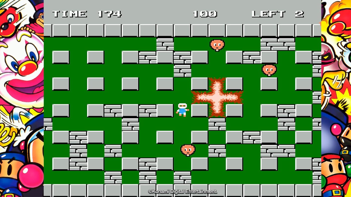 Pixel-Spiel: Bombe explodiert neben dem Spieler, 2 Gegner.