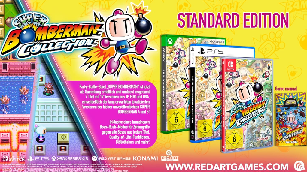 Super Bomberman Collection Standard Edition für Xbox, PS5, Switch mit Spielhüllen und Handbuch.