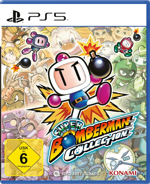 Super Bomberman Collection PS5 Spielhülle mit vielen Bomberman-Charakteren und Bomben.