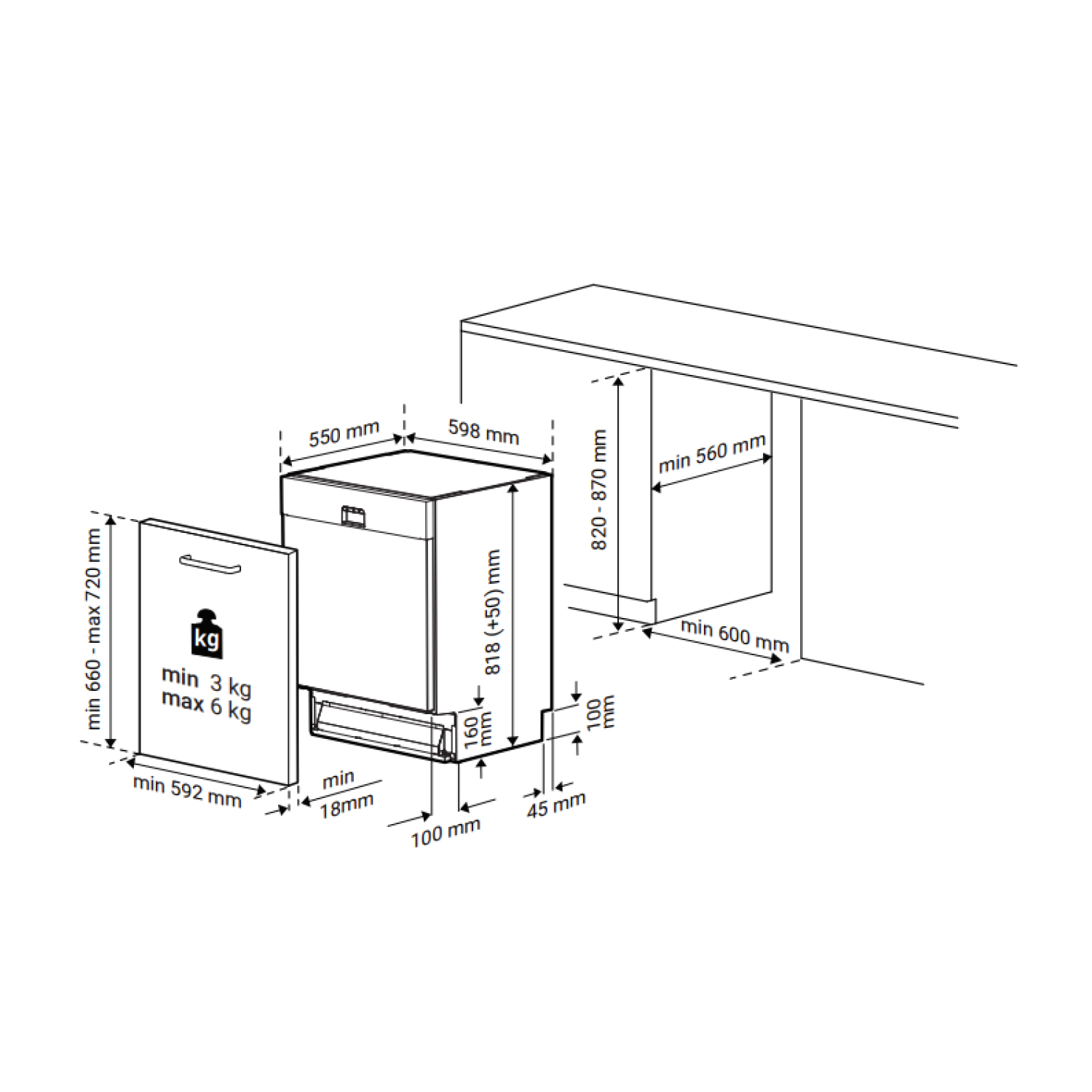 Disegno tecnico di una lavastoviglie con dimensioni per installazione e capacità.