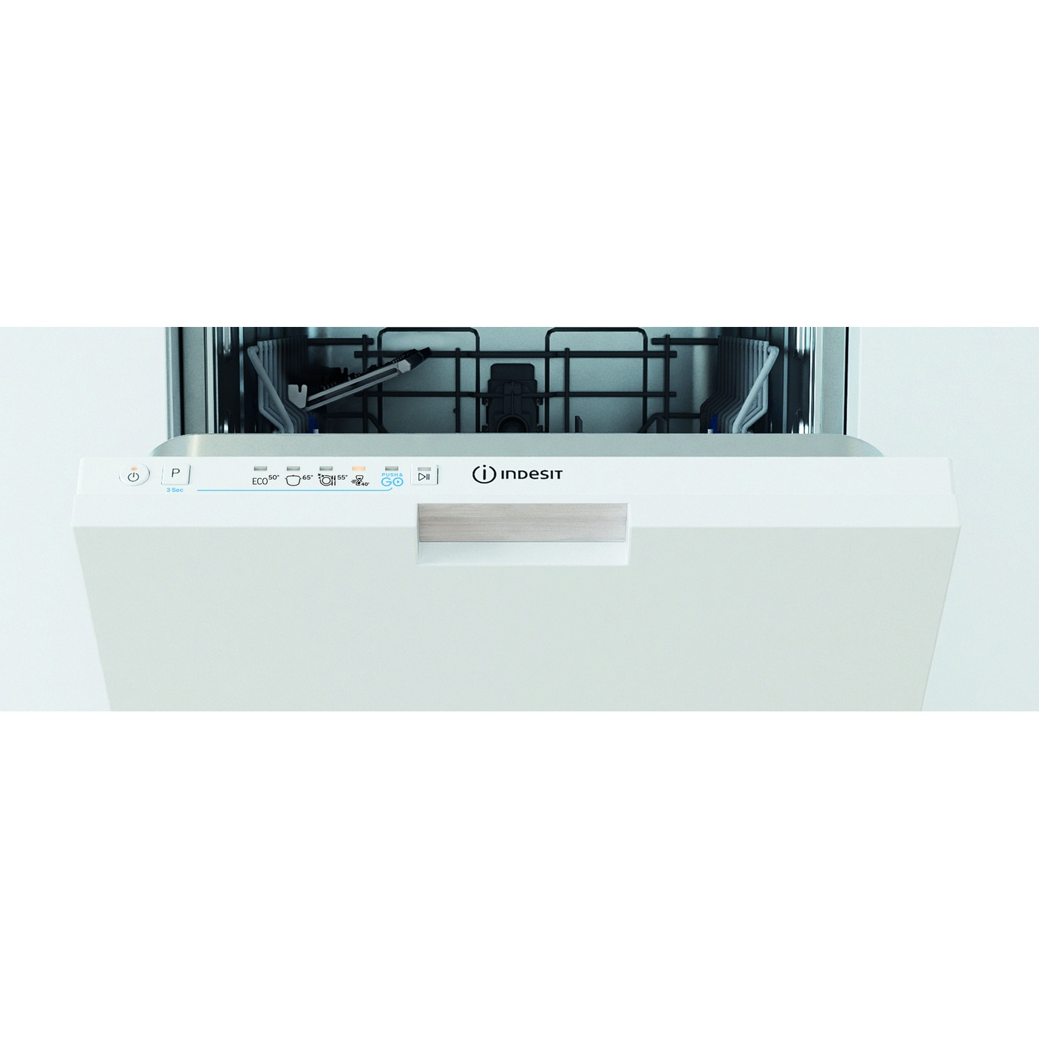 Pannello di controllo lavastoviglie con icone e logo Indesit.