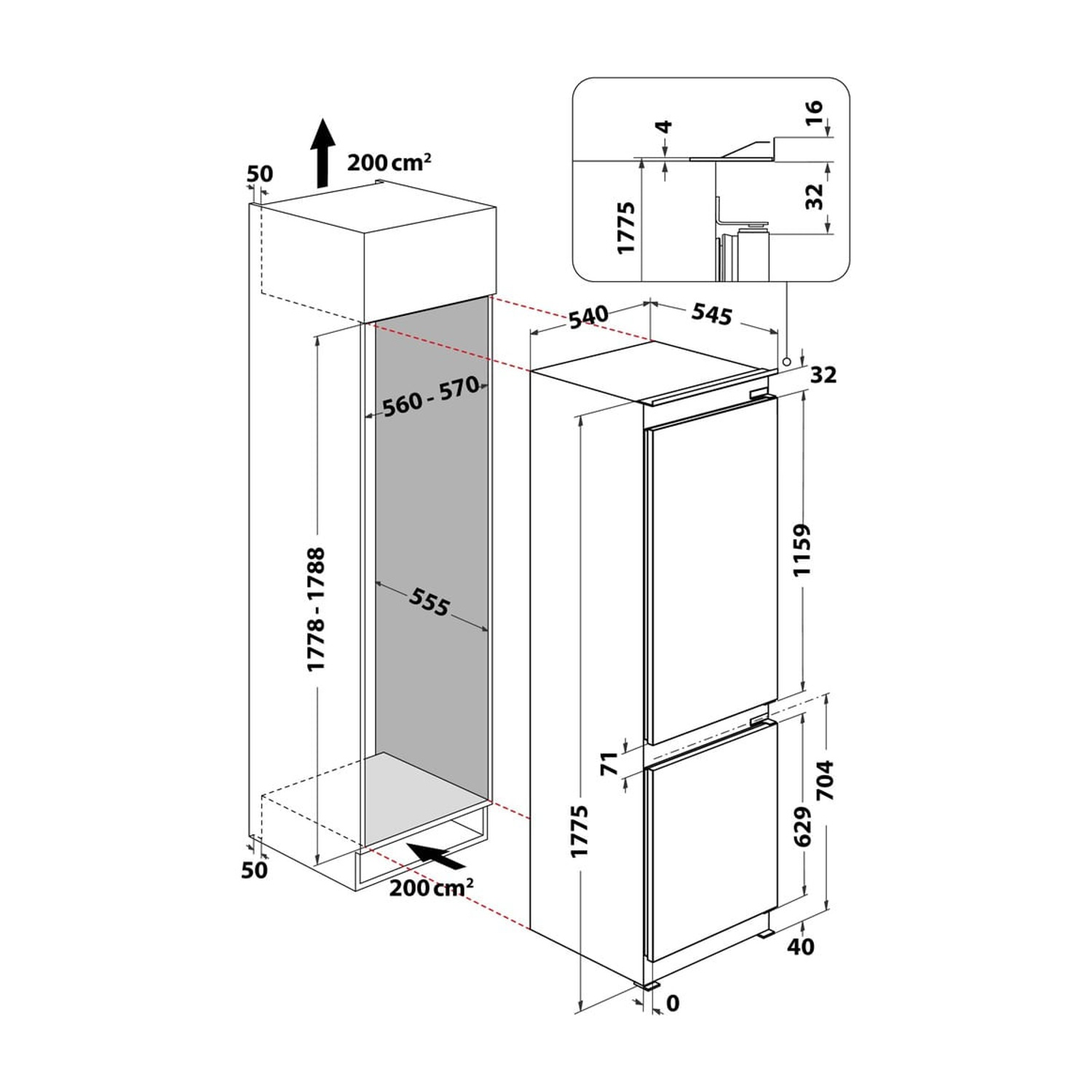 Disegno tecnico di un frigorifero da incasso con dimensioni.