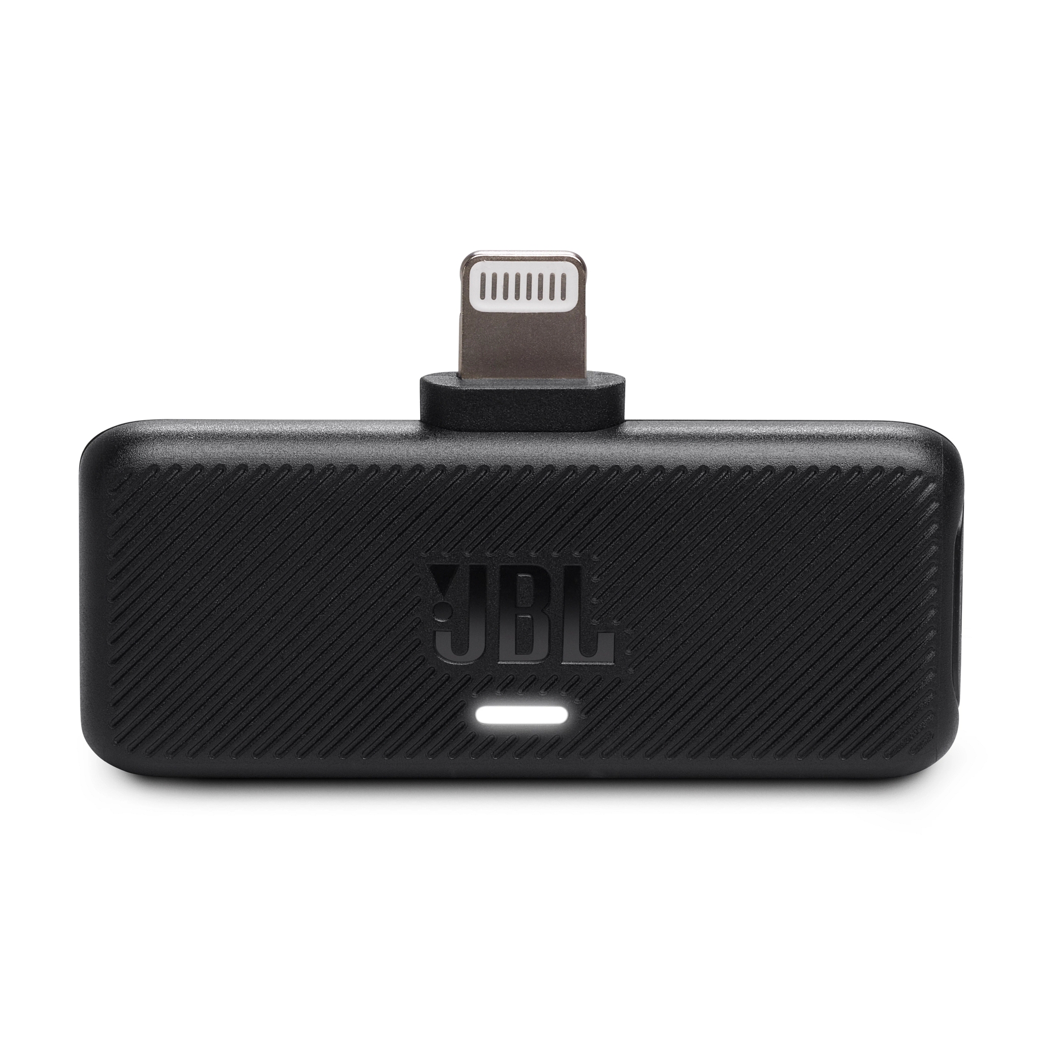 Ein schwarzer JBL-Adapter mit Lightning-Anschluss und leuchtender LED.