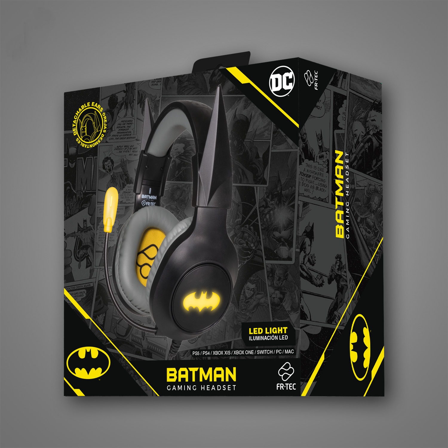 Batman Gaming Headset mit LED-Licht, Comic-Design und abnehmbaren Ohren.