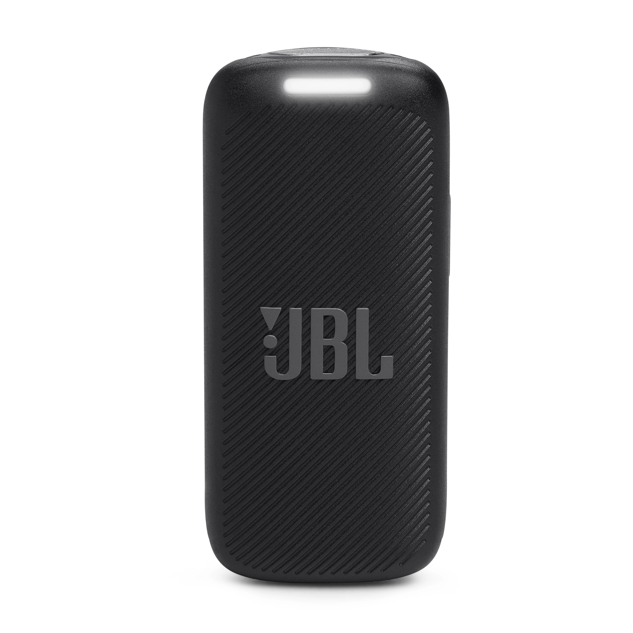 Schwarzer JBL Lautsprecher mit gerillter Textur und leuchtendem Balken.