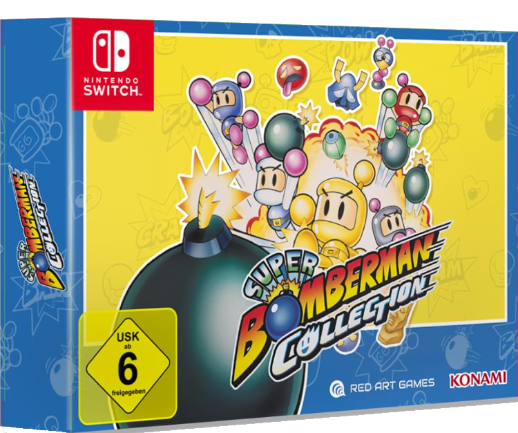 Super Bomberman Collection Nintendo Switch Hülle mit bunten Charakteren und einer Bombe.