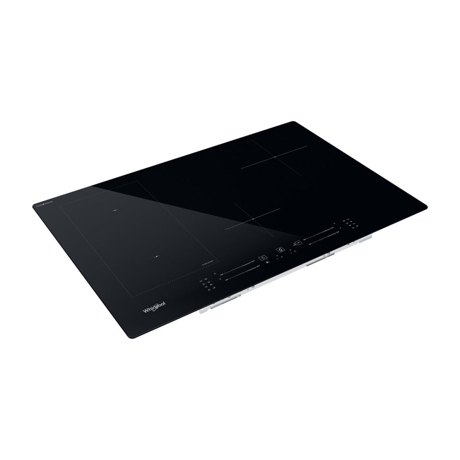 Piano cottura a induzione nero con quattro zone di calore e controlli touch.