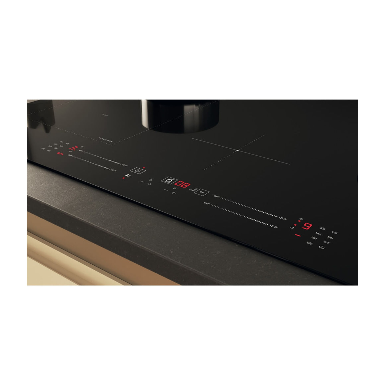 Un piano cottura a induzione nero con display digitali rossi e zone di cottura.