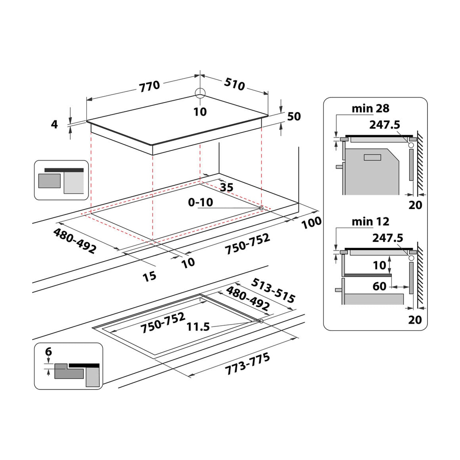 Disegno tecnico con dimensioni per un piano cottura e misure di installazione.