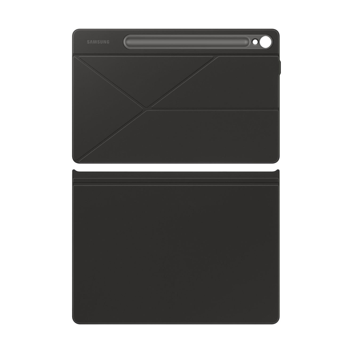 Cover grigio scuro per tablet Samsung con portapenne e ritaglio fotocamera.