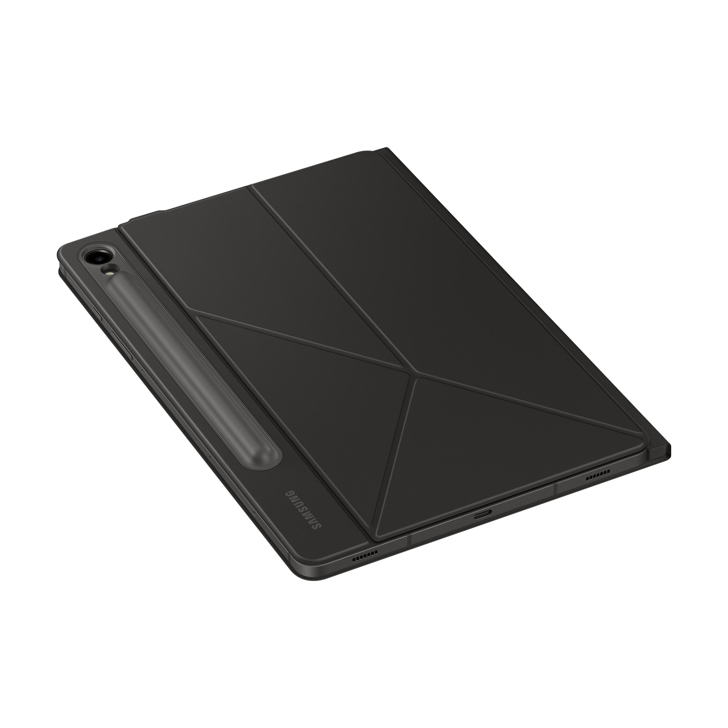 Un tablet nero con portapenne e cover piegata poggia su sfondo bianco.