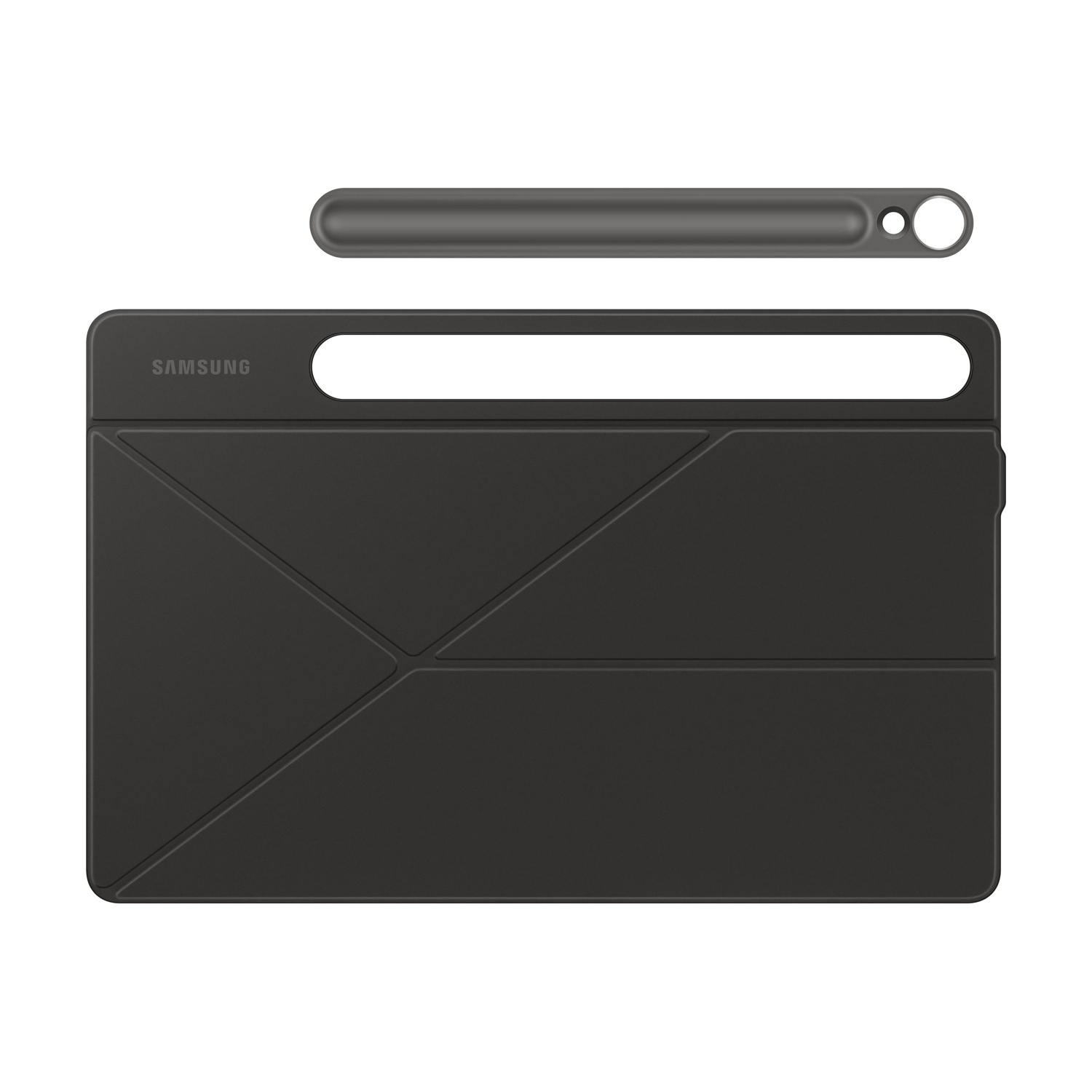 Custodia per tablet grigio scuro con penna integrata su sfondo bianco.